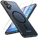 Hensinple Galaxy A25 5G ケース 【ガラスフィルム付き】 ギャラクシーa25 カバー 半透明 耐衝撃 黄ばみなし 滑り止め 指紋防止 マグネット搭載 マグセーフ対応 ストラップホール付き MagSafe対応 Samsung Galaxy A25 5G （SC-53F/SCG33） スマホケース 6.7インチ用 ブラック