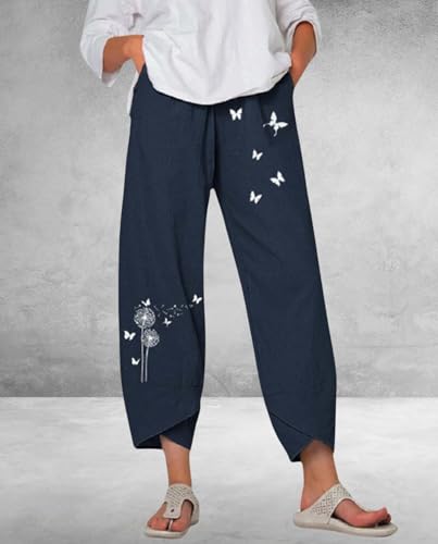 Womens Summer Casual Cotton Linen Floral Print Pants Fashion Plus Size Solid Color Baggy Lounge Pants with Pockets2