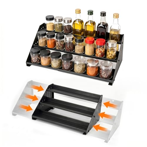 RICHMYC 3-Tier Spice Rack Organizer, 13″-22″ Expandable, Height Adjustable | Metal Spice Organization for Cabinet, Kitchen Seasoning Organizer , Anti-Slip Guardrail Spice Storage for Countertop, Pantry