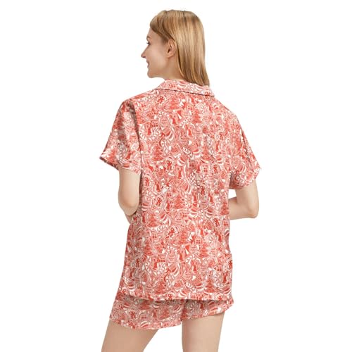 Image of Funny Pajamas for Women Set Print Satin Loungewear Pjs Short Sleeve Button Down Top and Shorts Sets Sleepwear XS-3XL