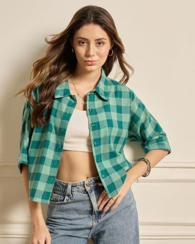 Image of Chimpaaanzee Women Checks Half Sleeve Crop Shirt