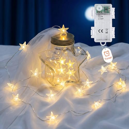 Afaiup Guirlande lumineuse à piles en forme d'étoile - 2 m - Micro 20 LED - Avec minuterie IP65 - Fil argenté - Pour sapin de Noël, anniversaire, Saint-Valentin,...