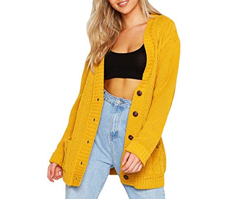 Image of Elegant Womens Chunky Cable Knit Cardigan Daisy Button Everyday Aran Long Sleeves Grandad Plus Sizes UK (Mustard, LXL (16-18))