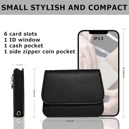 Image of Women Small Wallet RFID Blocking Slim Wallet with Coin Pocket Tri-Fold Credit Card Holder with ID Window and Keychain (Black)