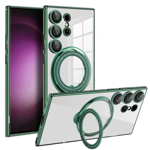 Étui magnétique Galaxy S22 transparent pour charger sans fil en voiture avec anneau vert