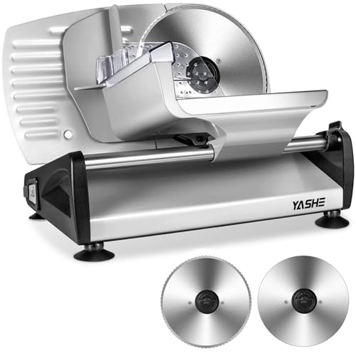 YASHE SL-518 Affettatrice Elettrica da Casa - Affettatrice Professionale 250W con Spessore Regolabile da 0 a 15mm, 2 Lame Rimovibili in Acciaio Inox da 19cm, Blocco di Sicurezza e Piedini a Ventosa