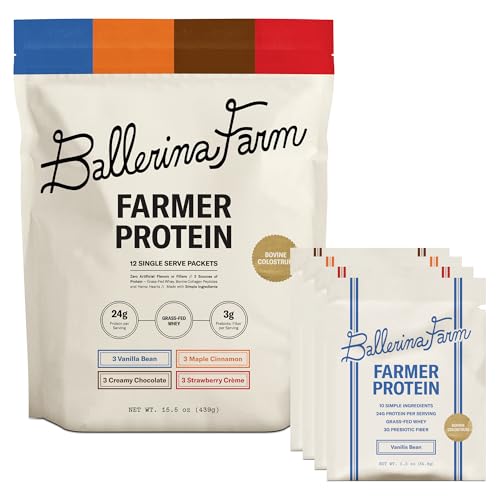 Ballerina Farm Grass Fed Whey Protein Powder 4 Flavor Variety Pack 24g Protein with Collagen Peptides Bovine Colostrum Hemp Hearts & Prebiotic Fiber No Artificial Ingredients 12 Servings