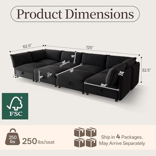 Image of Oversized Corduroy Modular Sectional Sofa Bed with Hidden Storage, Convertible L U Sleeper Couch, 8-Seat Modular Sofa Free Combination with Ottoman & Removable Covers for Living Room, Black