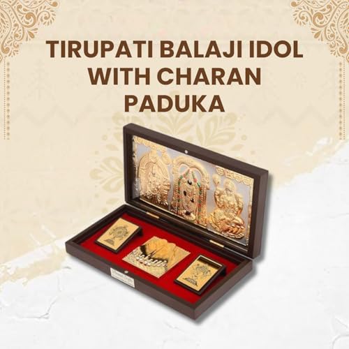 Image of Tirupati Balaji Idol with Charan Paduka | Tirupati Balaji Photo with Frame | Charan Paduka Box for Pooja, Weeding Gifts & House Warming | Gold Plated | Diwali Gifts