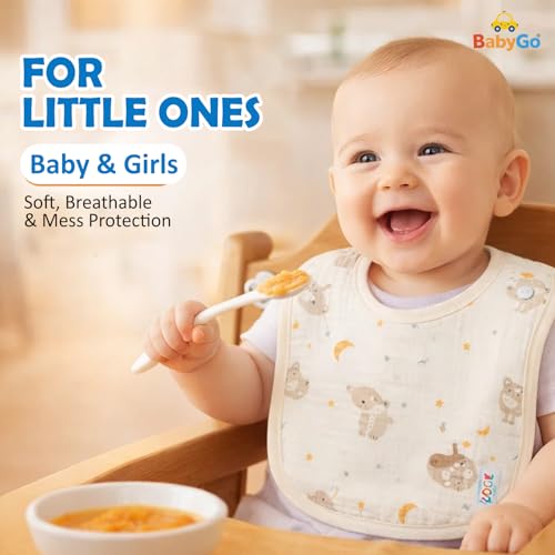 Image of BabyGo Muslin Bib Set of 3 Ultra-Soft & Absorbent Bibs with Adjustable Snap Buttons | Breathable | 6 Layer Waterproof Backing for Drooling | Teething & Feeding | 0-24 Months | MultiColor (Pack of 3)