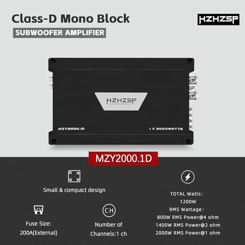 Image of Class D Monoblock Amplifier, 1 Ohm 2000W RMS, Aluminum Housing,Black | High-Efficiency Heat Dissipation,MOSFET Power Supply, LPF, Bass Boost & Remote Bass Control,10HZ-250Hz Frequency Response