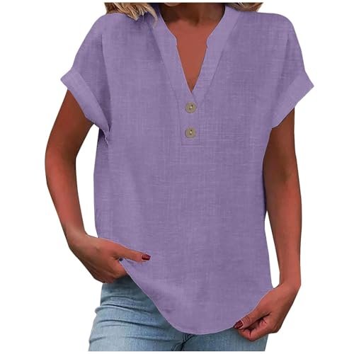 Blusas De Mujer Elegantes Manga Corta Algodón y Lino Basicas Blusas Verano Suelto Ropa Mujer Verano 2025 Camiseta Cuello V Vestir Deportiva T Shirts Ofertas Flash del Dia(Púrpura Ligera,XL)