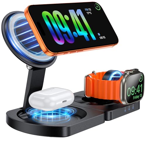 Image of Wireless Charger for iPhone, 3-in-1 Magnetic Charging Station for Apple, MagSafe Charger Stand for iPhone 17 Air 16 15 14 13 12 Series, Airpods Pro, Apple Watch Ultra, Foldable, No Adapter, Black