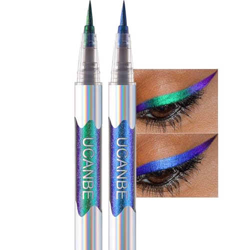 UCANBE Chameleon Liquid Eyeliner - Green Blue Duo, Multi-Chrome Metallic Shift Eyeliner, Waterproof Glitter Eyeliner with Soft Fine Tip for Multi-Dimensional Eye Looks