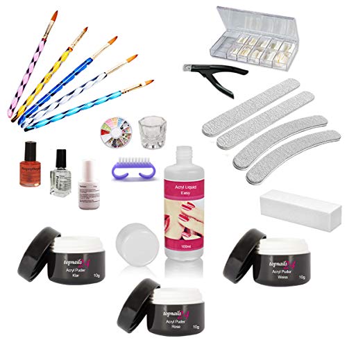 Acryl Nagel Set mit Liquid, Acryl Puder in Weiss, Klar, Rose, Haftvermittler, Nagelöl, Nagel Tips, Pinselset, Feilen, Buffer, Cutter sowie Nailartmix im Rondell