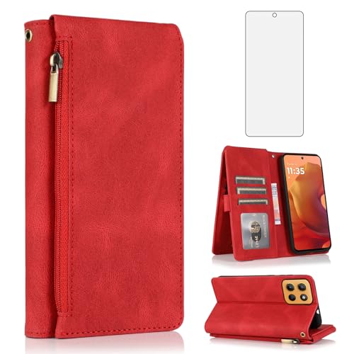 Protection écran verre trempé et étui portefeuille Moto G15 avec porte-cartes zippé rétro