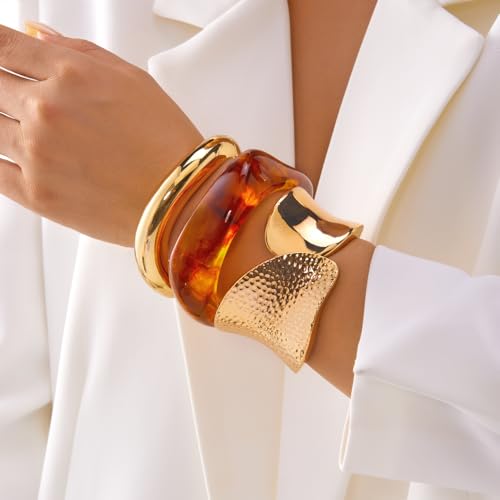 Gmai Chunky Gold Bracelets For Women 3PCS Stackable Non Tarnish Cuff Bangles Hypoallergenic Statement Versatile and Fashion Jewelry Gift2