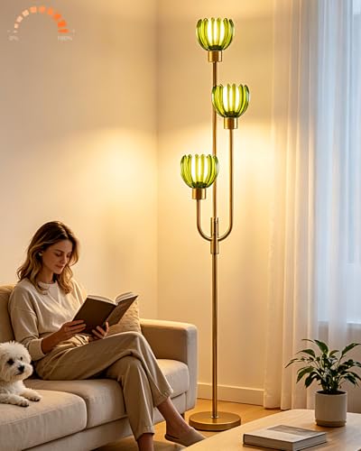 Image of 3-Lights Modern Glass Floor Lamp Gold Dimmable Floor Lamps with 3000K Warm White Bulbs for Wedding Party 66IN Tall Standing Lamp with Green Glass Shade for Living Room /Bedroom /Girls Room