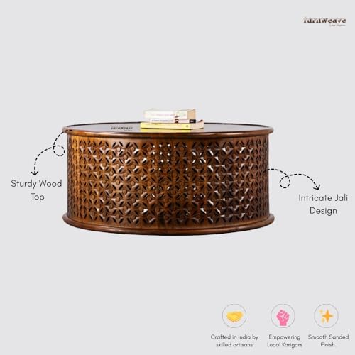 Image of Wooden Coffee Table for Living Room | Handcrafted Solid Wood Round Center Table with Carved Jaali Design | Coffee Table for Home Decor | Tea Table for Bedroom & Office (Honey)