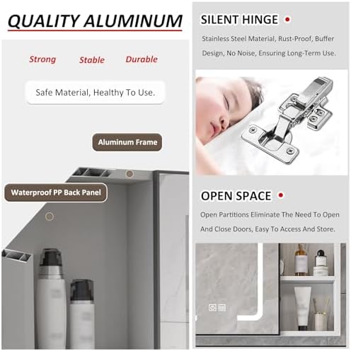 Smart Led Bathroom Mirror Cabinet with Defogger, Open Storage, Over Toilet Organizer, Stylish White Design, Space-Saving 70" Wall-Mounted Solution.,60x65x10cm-Grey