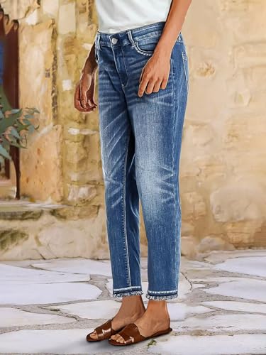 Flamingals Women Mid Waist Skinny Crop Jeans Raw Hem Wash Stretch Active Denim2