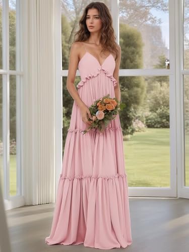 Spaghetti Strap Chiffon Bridesmaid Dresses for Women Tiered Ruffle Wedding Guest Dress V Neck Long Formal Party Gown2