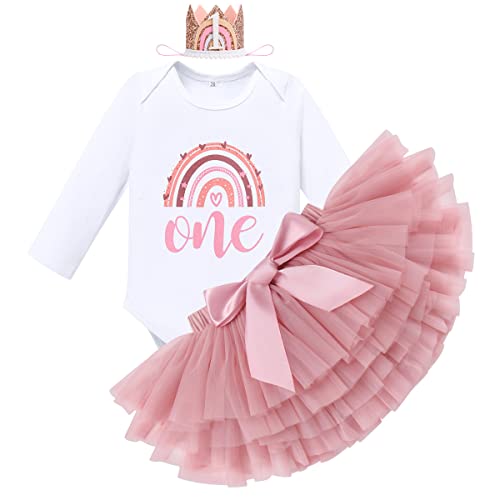 IMEKIS Traje de bebé para niña de 1º cumpleaños, manga corta, mameluco arcoíris + falda tutú con volantes + corona de flores, 3 piezas para sesión de fotos, Rosa oscuro+One, 12 meses