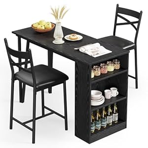 Dining Table Set for 2, Kitchen Bar Table and Chairs for 2, 3-Piece Kitchen Table Set with 2 Upholstered Chairs, Expandable Counter Height Bar Table Set with 3 Storage Shelves, Black