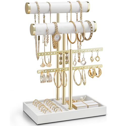 Vlando 3 Tier Necklace Holder Organizer with Tray, Leather Bracelet Holder Display for Women, Gold Jewelry Stand for Bracelet, Necklace, Earrings, Rings - White A. White 3-Layer