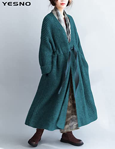 Yesno Women Casual Loose Oversized Chunky Cable Knit Open Front Cardigan Sweaters With Adjustable Waist Strap Long Outerwear With Pockets F Yqa Teal #TOP3