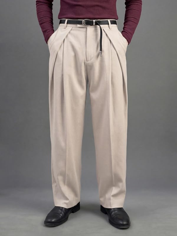 Image of FUGAZEE Cream Korean Pleated Trousers | Relaxed Fit & Korean Pants
