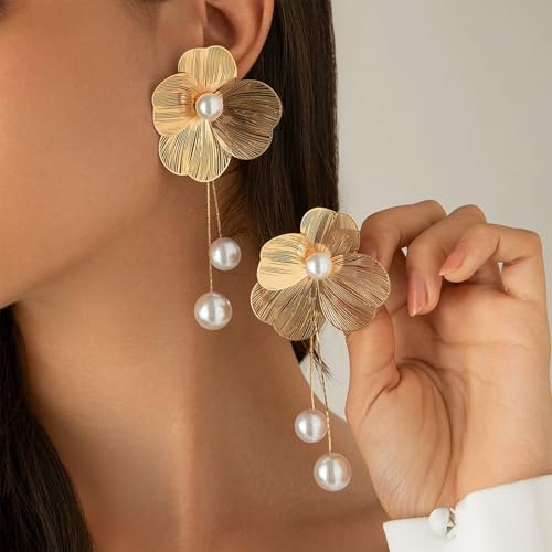 Gold Flower Earrings for Women Big Statement Dangle Earrings Boho Long Drop Pearl Floral Petal Earring Prom Wedding Jewelry Gifts2