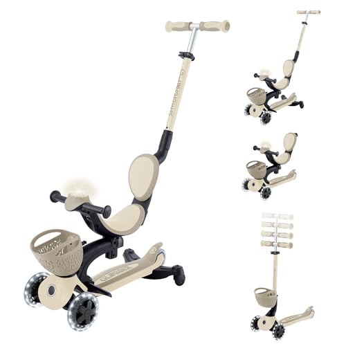 Globber - GO•UP Baby 360 Lights – Skalierbarer Tretroller, 3 Räder mit Sitz und Rückenlehne, für Kinder von 15 Monaten bis 6 Jahren, Taupe