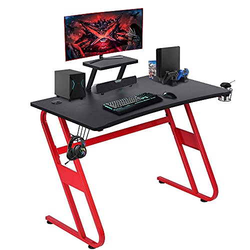 OKL Gaming Desk - 42” Computer PC Table Desk for Home Office DoubleZ Shaped Gamer Workstation with Large Surface Cup Holder,Headphone Hook&Removable Display Support Frame (Red)