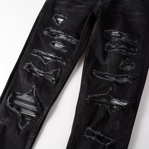 Black Mens Patchwork Denim Biker Jeans Skinny Stretch Slim Distressed Ripped Stacked Knee Holes Pant3
