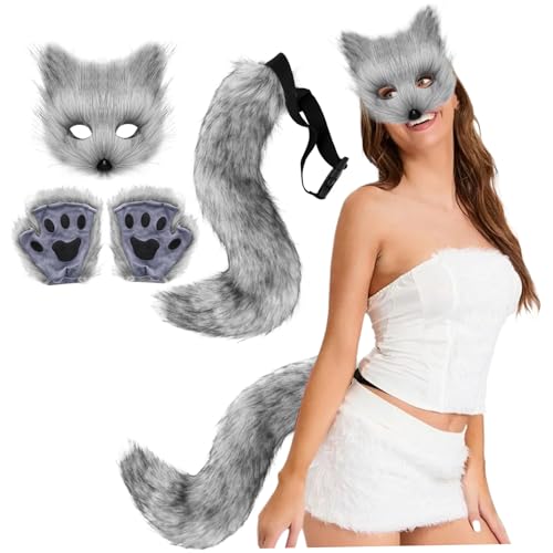 Costume de renard Therian gris foncé avec masque en peluche queue et gants de cosplay