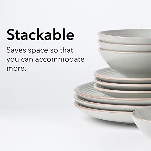 Arora Ringar Round Stoneware 16Pc Double Bowl Dinnerware Set For 4, Dinner Plates, Side Plates, Cereal Bowls, Pasta Bowls - Speckle Matte White (405878) #TOP5