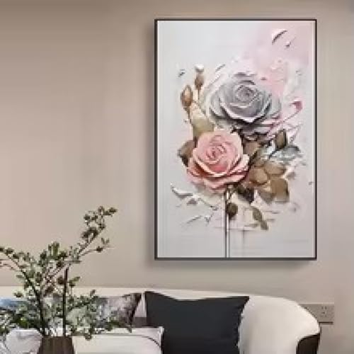 Toile texturée avec roses bleu et rose 50x70 cm avec cadre pour décoration de chambre