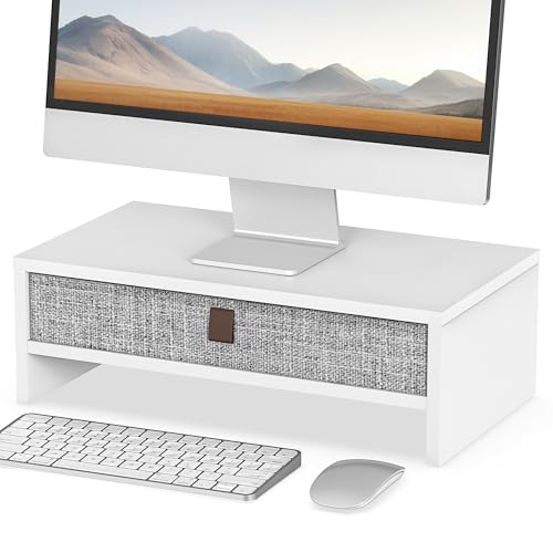 Fenge Soporte de Monitor con cajón, Computer Monitor Stand Para Escritorio, Organizador de Escritorio para PC / Ordenador Portátil / Impresora, 42.5 × 23.5 × 14.2cm,Carga de 20 kg, (Blanco)