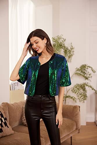 Kate Kasin Women's Sequin Jackets Short Flared Sleeve Sparkly Shrug Open Front Glitter Cropped Bolero Cardigans Dark Green S #TOP3