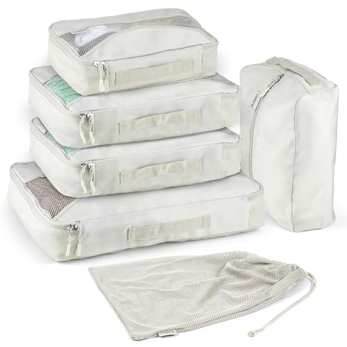 5 Piece Packing Cubes for Travel in Sizes (X-Large, Large, Medium, Small) by Pebbler | Organizers for Suitcases, Carry Ons, Duffle Bags, Backpacks, Moving | Bonus Laundry Bag (Desert Sand)