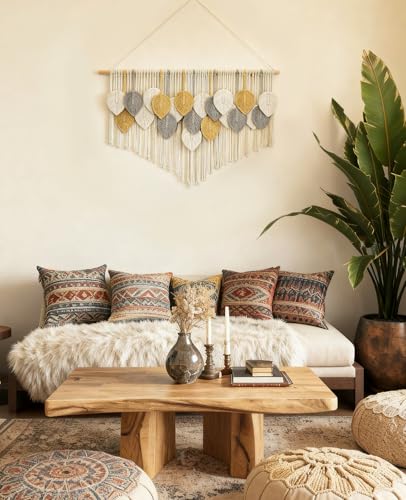 Tempospark Large Macrame Wall Hanging, 39" Wx29 L Boho Wall Hanging, Boho Chic Leaves Tassels Tapestry for Bedroom, Living Room, Dining Room, Nursery, Hallway, Balcony - image 5