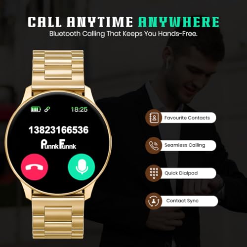 Image of PunnkFunnk Active 5 Smart Watch with 1.3 inch AMOLED HD Display | Bluetooth Calling, AI Voice Assistant, 100+ Sports Modes, Heart Rate & SPO₂ Tracking, IP68 Waterproof for Men & Women- (Metal Gold)