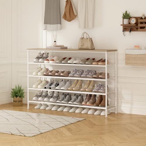 Image of SUOERNUO Shoe Rack Organizer 5 Tier for Closet Entryway Free Standing Metal Storage Shoe Shelf with MDF Top Board (White+Oak, Large 5 Tier)