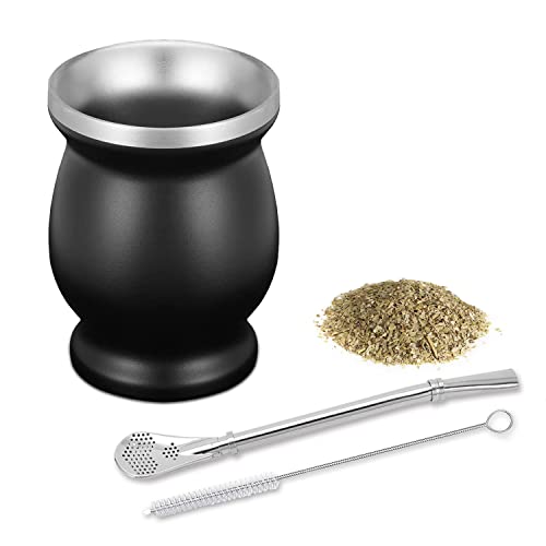 thirei Set Mate, 230ML Calabaza Mate, Tazas Yerba Mate, con Pajita y Brocha, para Cocinas, Restaurantes, Cafeterías, Negro