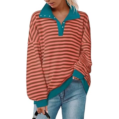 ZESICA Sweatshirts for Womens Long Sleeve Lapel V Neck Striped Oversized Tops,Coral,Large Cover