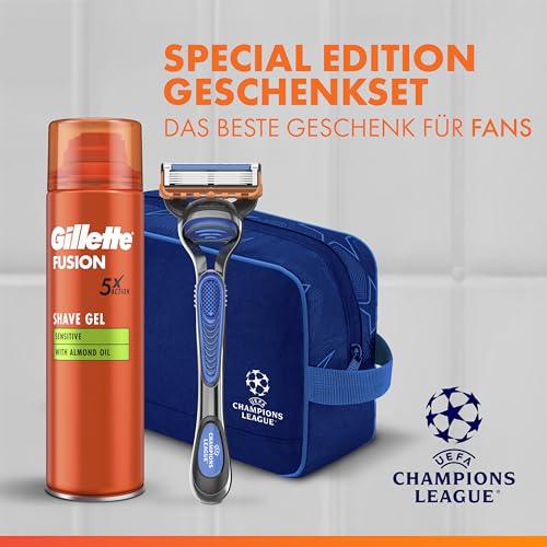Gillette Fusion5 Rasierer Herren, UEFA Champions League Special Edition — Inkl. 1 Nassrasierer, 4 Ersatzklingen mit Gleitstreifen und 5 Klingen für Eine Langanhaltende Rasur und Rasiergel 200ml 2
