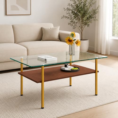 Image of 38.6 inch Glass Coffee Table for Living Room, 2-Tier Modern Center Table with Clear Tempered Glass Top, Brown Wood Shelf & Gold Metal Legs, Accent Tea Table for Small Space, Easy to Assemble