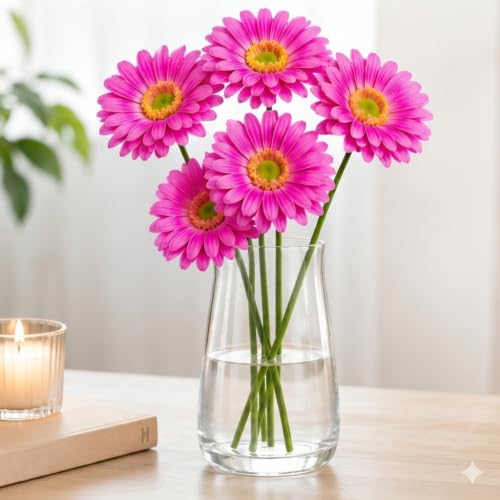 Image of CURATED CART Gerbera Daisy Flowers - Pack of 5 Faux Blooms, 30cm Tall | Real Touch PU Petals with Bendable Green Stems | Artificial Flower Bouquet for Home, Kitchen, Office (No Vase) (Light Piink)