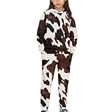 YECARYPOD 2PCS Brown Cow Print Jogger Outfits Set Youth Fashion Tracksuit Long Sleeve Pullover Sweatshirt Sweatpants Fall Trendy Sweatsuit Outfits for Girls